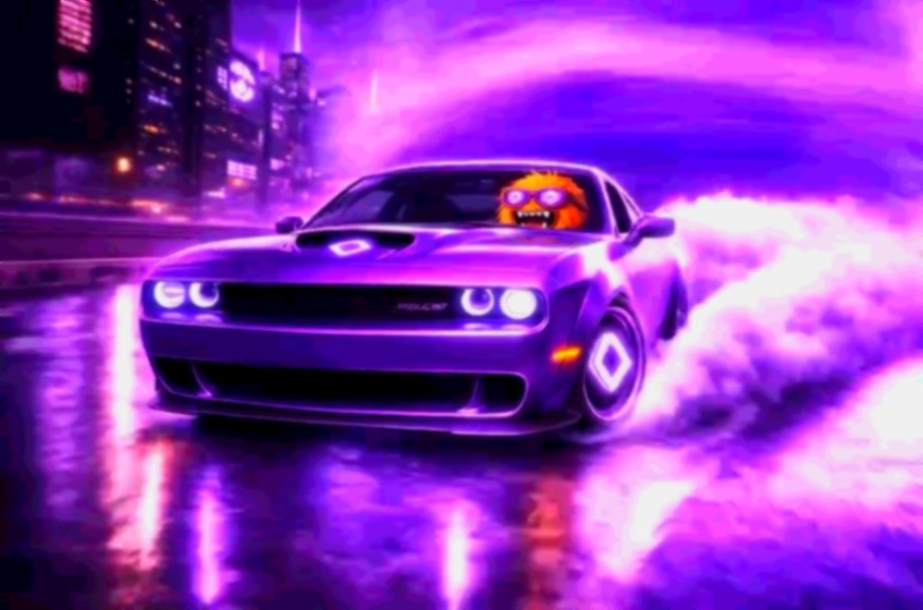 Hellcat firing up in the night, purple smoke.