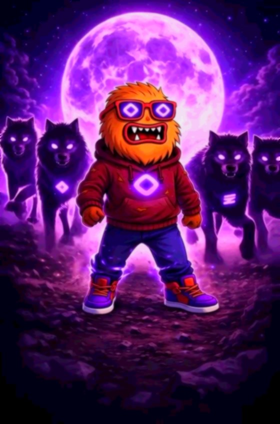 Monwolf in red hoodie with the pack assembled in front of a giant purple moon.