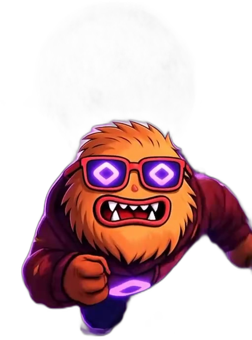 MonWolf running under the moon, fanged grin, glasses glowing.