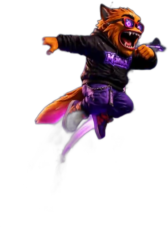 MonWolf airborne in a punk leap, hoodie streaming.