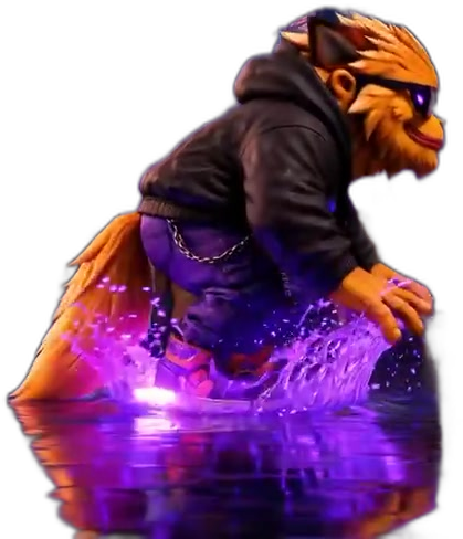 MonWolf crouched on a purple surge of energy, water exploding around him.
