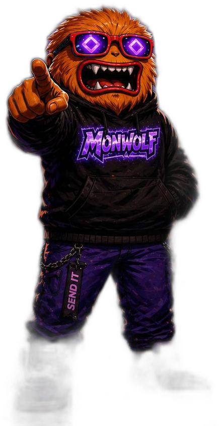 MonWolf standing calm post-victory, pointing forward in his hoodie and chain pants.